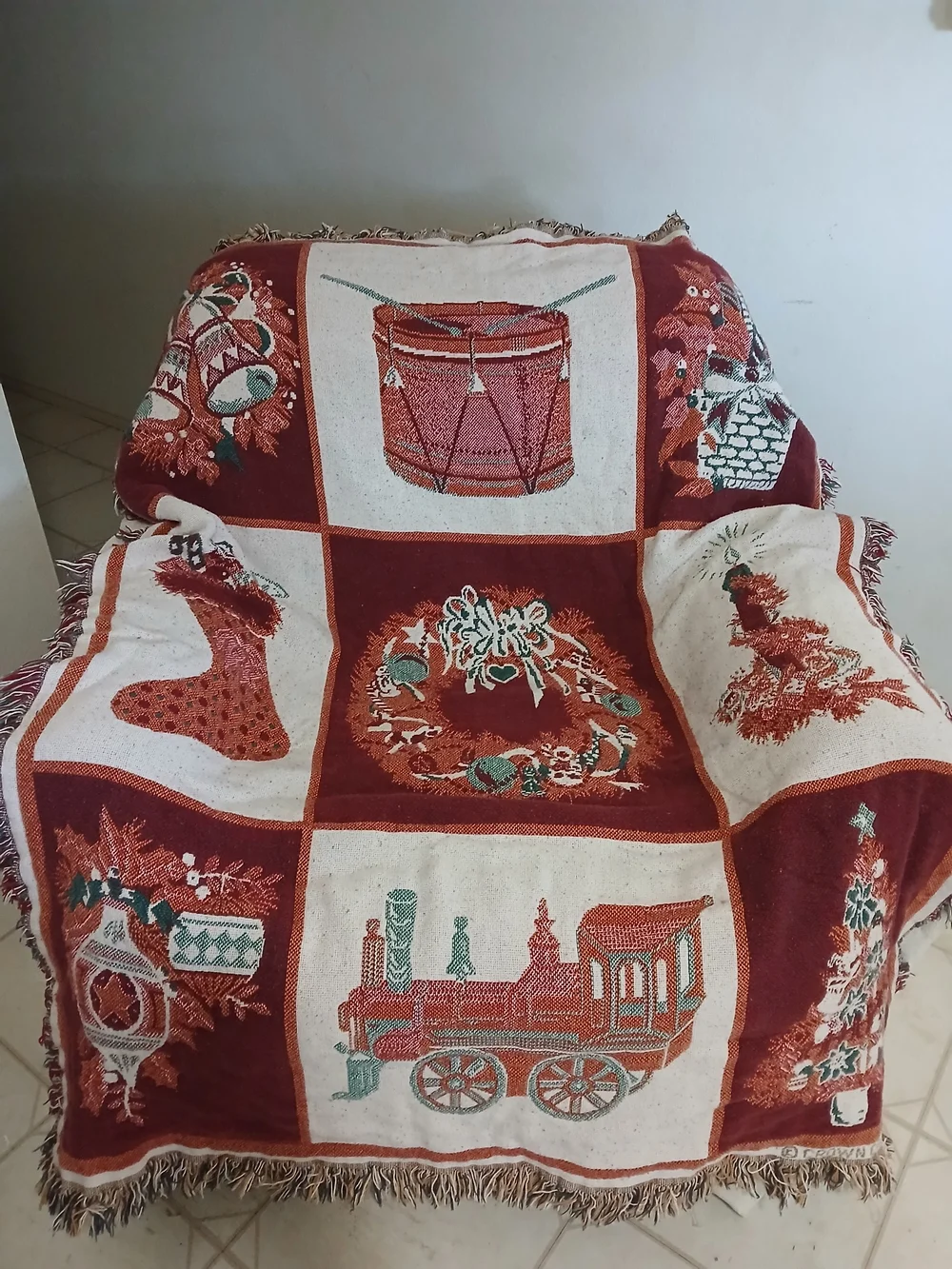Vtg Crown Crafts Vintage Blanket Woven Cotton Fringe Train 55x42 Grandmacore